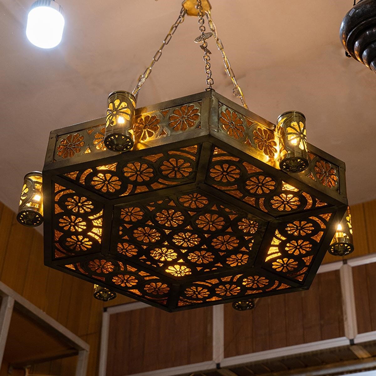 Hexagonal brass and stained glass chandelier
