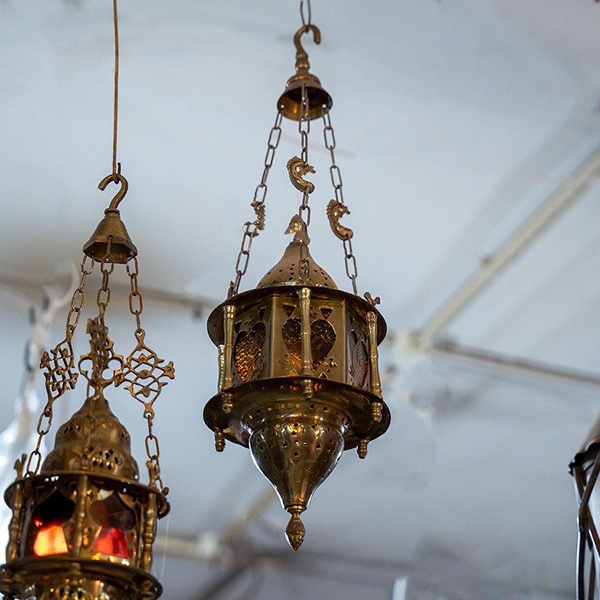 Oriental lantern made of brass and colored glass.
