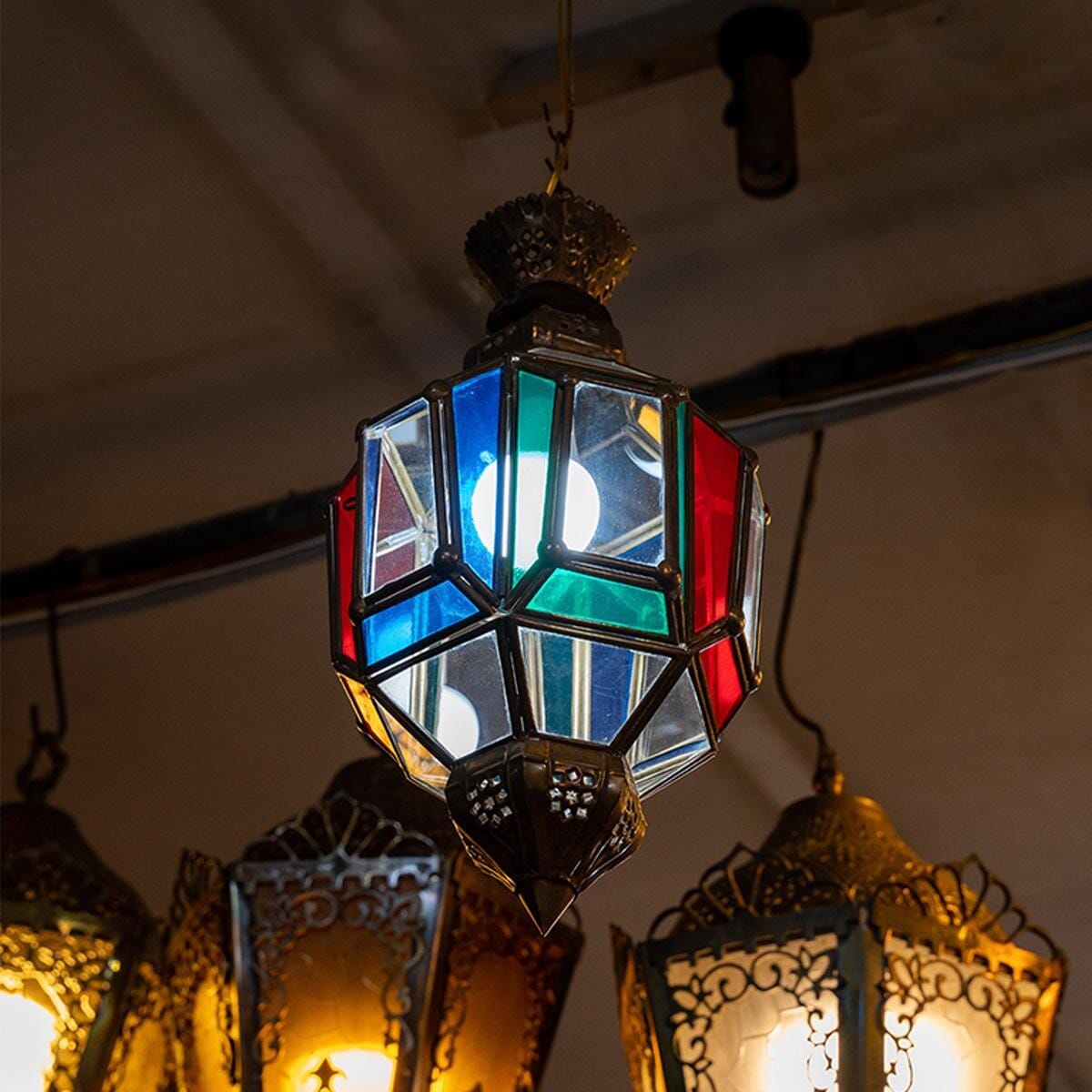 Oriental lantern made of brass and colored glass