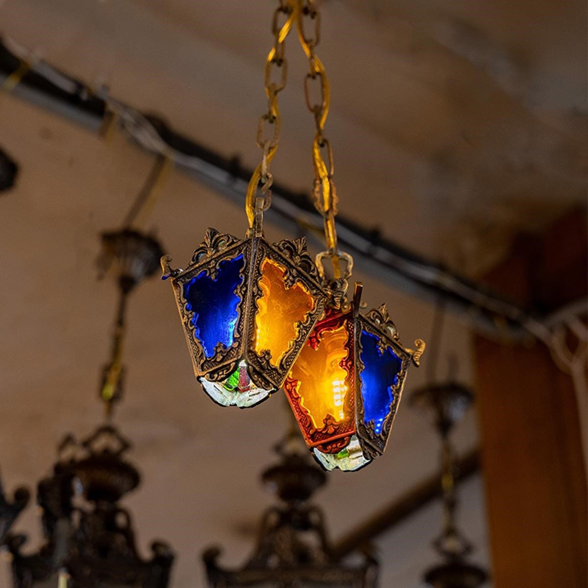 Oriental lantern made of brass and colored glass