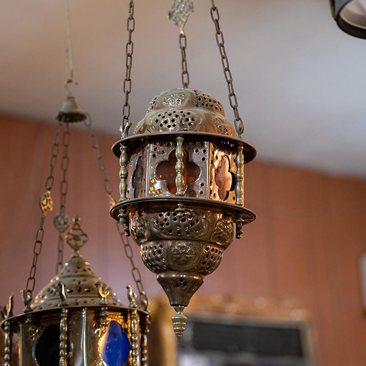 Oriental lantern made of brass and colored glass.