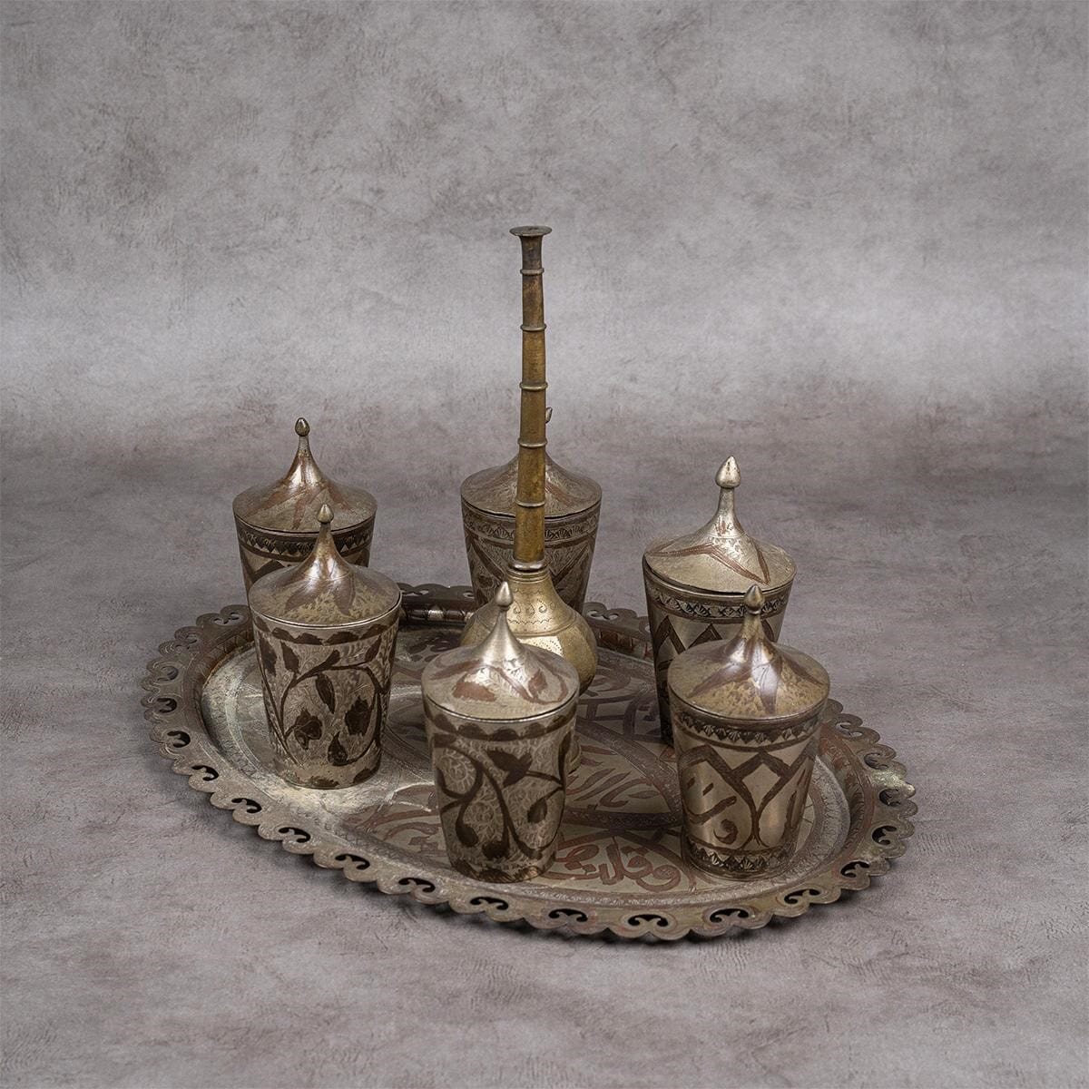 Red copper set - tray, 6 cups with lids and a jug