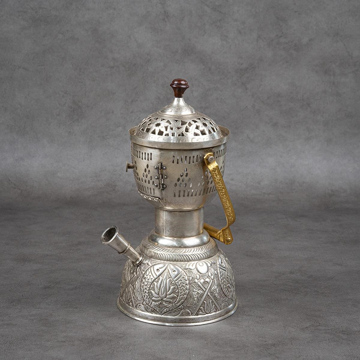 A hookah made of brass and plated with silver